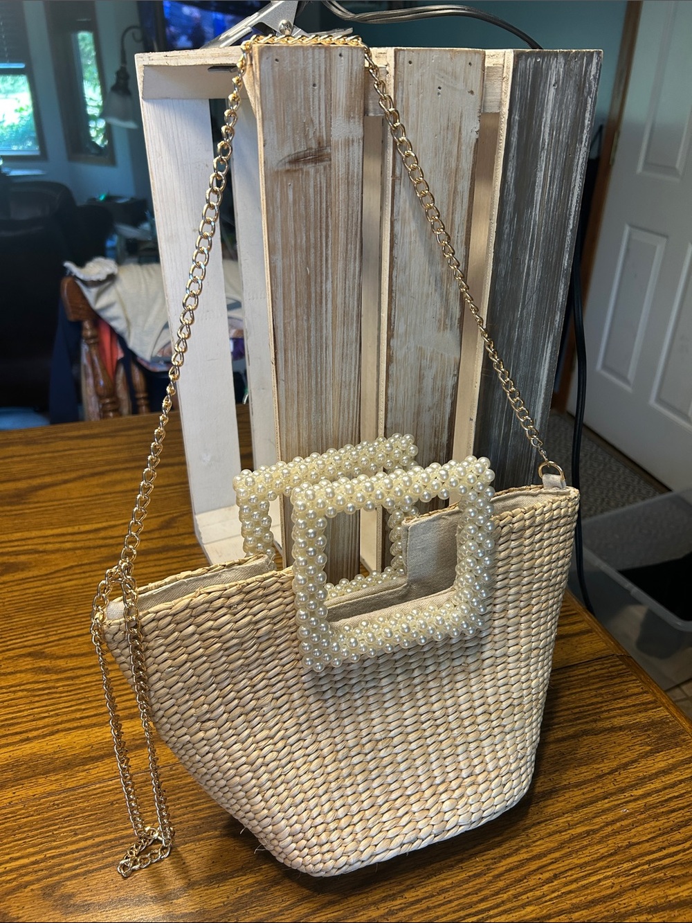 Isaac Mizrahi Pearl-Trim Woven Crossbody in Cream
